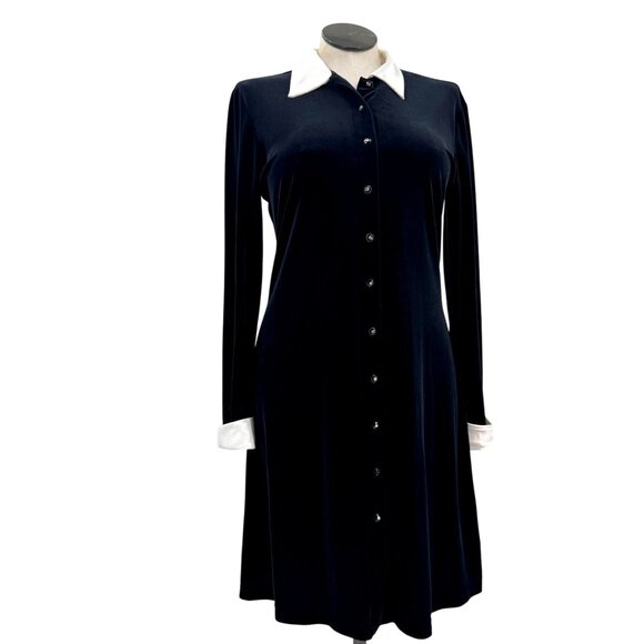 90s Y2K Black Velvet White Collar Button Up Dress Wednesday Adams - Picture 1 of 7